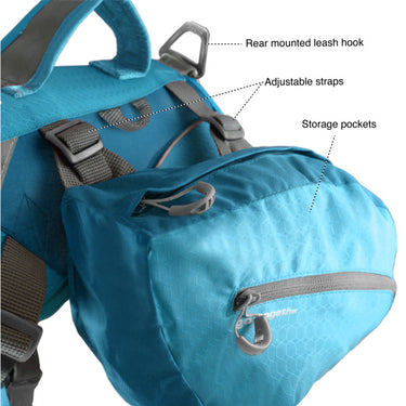 Baxter Pack Benefits. Rear mounted leash hook. Adjustable straps. Storage pockets.