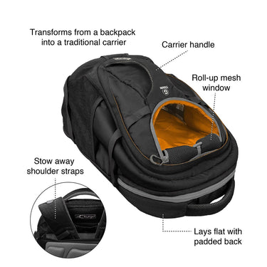 G-Train Dog Carrier Backpack Benefits. Transforms from a backpack into a traditional carrier. Carrier handle. Roll-up mesh window. Stow away shoulder straps. Lays flat with padded back.