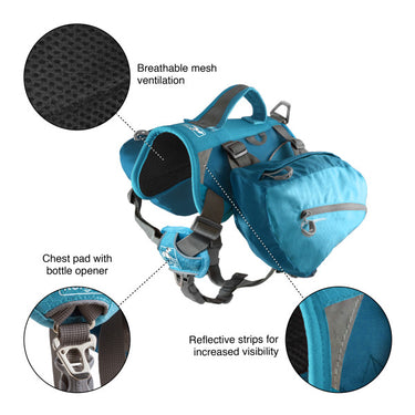 Baxter Pack Benefits. Breathable mesh ventilation. Chest pad ith bottle opener. reflective strips for increased visibility. 